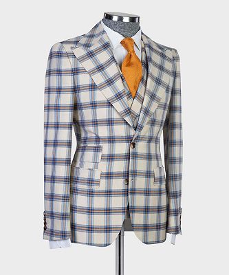 Gareth Modern Plaid Three Pieces Peaked Lapel Business Men Suits_4