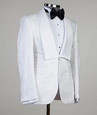 Dennis White Jacquard Shawl Lapel Three Pieces Men Suits For Wedding_2