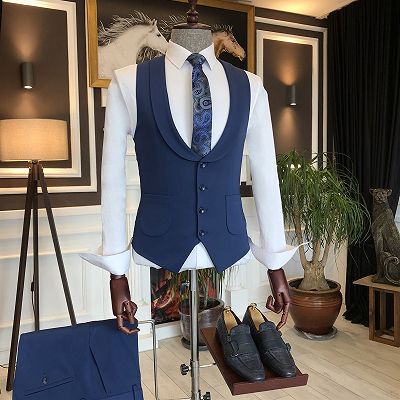 Derby Formal Dark Blue Three Pieces Peaked Lapel Business Men Suits_3