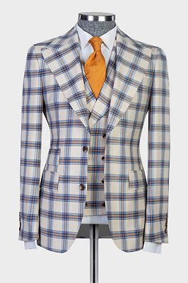 Gareth Modern Plaid Three Pieces Peaked Lapel Business Men Suits