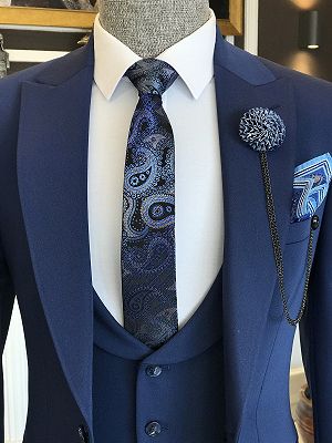 Derby Formal Dark Blue Three Pieces Peaked Lapel Business Men Suits_2