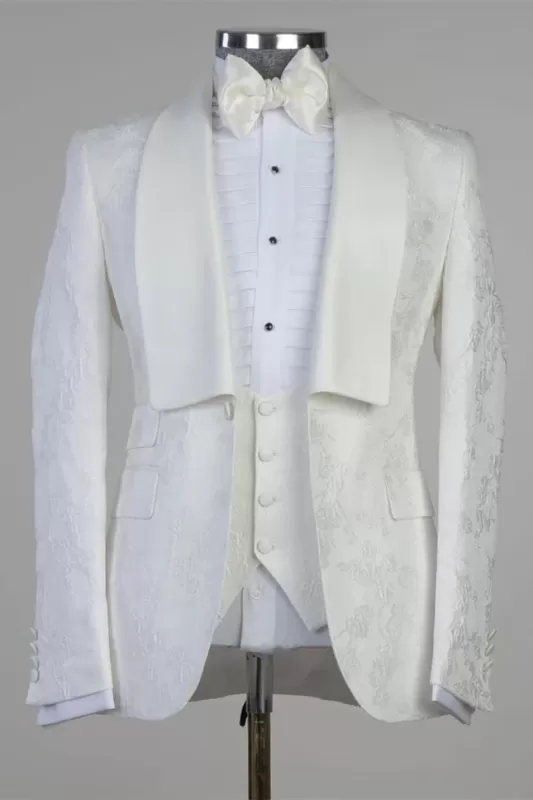 Enoch Latest Design White Jacquard Shawl Lapel Wedding Suits with One Button