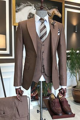 Claude Chic Brown Peaked Lapel Three Pieces Best Fitted Business Men Suits