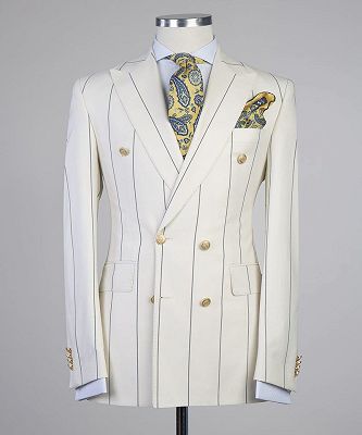 Don Formal White Stripe Double Breasted Peaked Lapel Business Suits_4
