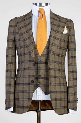 Gary Brown New Arrival Plaid Three Pieces Peaked Lapel Slim Fit Men Suits_1