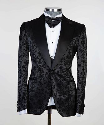 Edward Bespoke Black Jacquard Peaked Lapel Three Pieces Men Suits_5