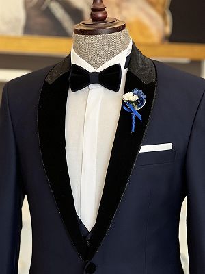 Clement Newest Dark Blue Splicing Shawl Lapel Three Pieces Men Suits