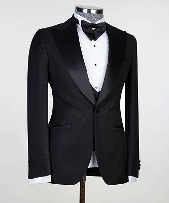 Edmund New Arrival Black Three Pieces Men Suits With Satin Peaked Lapel