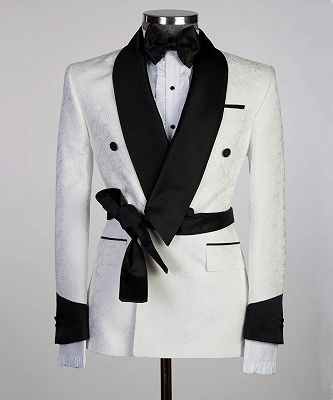 Cuthbert Fashion White Double Breasted Shawl Lapel Jacquard Wedding Men Suits_3