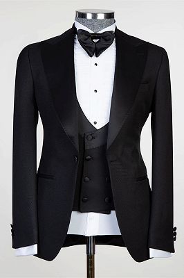 Edmund New Arrival Black Three Pieces Men Suits With Satin Peaked Lapel_1
