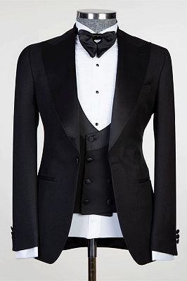 Edmund New Arrival Black Three Pieces Men Suits With Satin Peaked Lapel