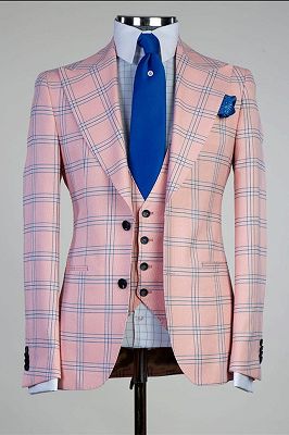 Francis Fashion Pink Plaid Three Pieces Peaked Lapel Men Suits_1