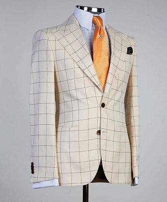 Gabriel Champagne Plaid Stylish Peaked Lapel Slim Fit Men Suits_3