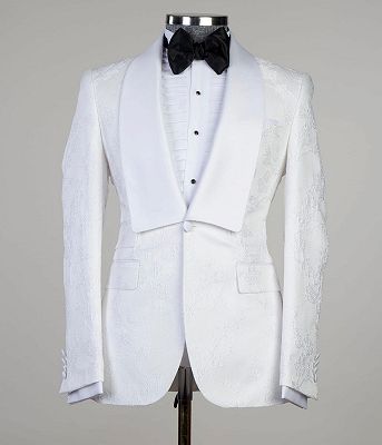Dennis White Jacquard Shawl Lapel Three Pieces Men Suits For Wedding_3