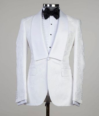 Dennis White Jacquard Shawl Lapel Three Pieces Men Suits For Wedding_3