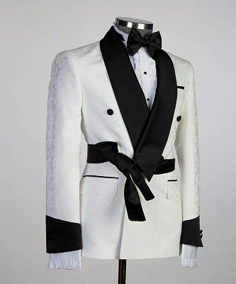 Cuthbert Fashion White Double Breasted Shawl Lapel Jacquard Wedding Men Suits_2