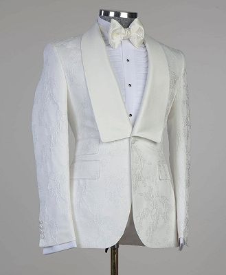 Enoch Latest Design White Jacquard Shawl Lapel Wedding Suits with One Button_3