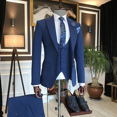 Derby Formal Dark Blue Three Pieces Peaked Lapel Business Men Suits_4