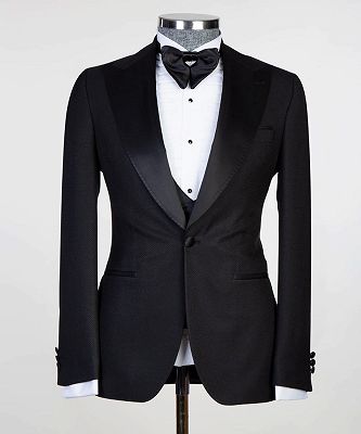Edmund New Arrival Black Three Pieces Men Suits With Satin Peaked Lapel_5