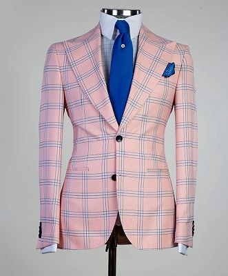 Francis Fashion Pink Plaid Three Pieces Peaked Lapel Men Suits_4