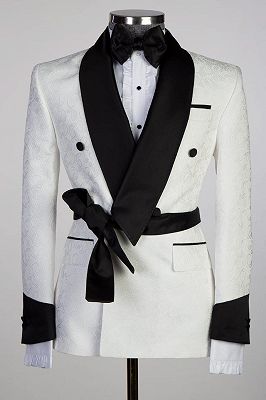 Cuthbert Fashion White Double Breasted Shawl Lapel Jacquard Wedding Men Suits