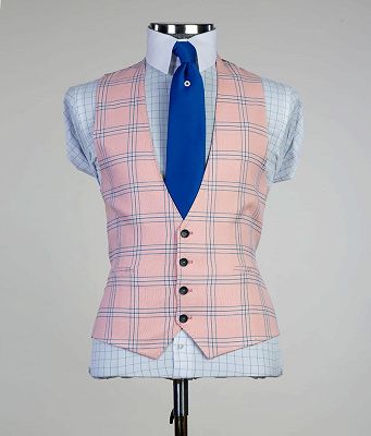 Francis Fashion Pink Plaid Three Pieces Peaked Lapel Men Suits_2