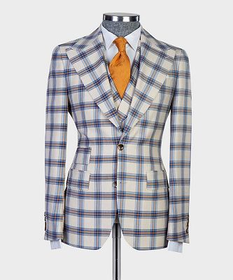 Gareth Modern Plaid Three Pieces Peaked Lapel Business Men Suits_5