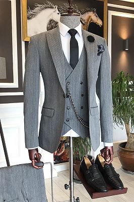 Curt Modern Gery One Button Peaked Lapel 3-Pieces Business Men Suits_1