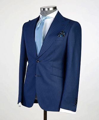 Eli Navy Fashion Stripe Three Pieces Slim Fit Formal Men Suits With Peaked Lapel_3