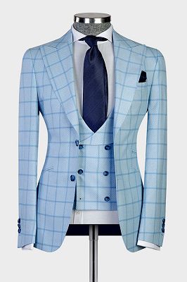 Errol New Arrival Sky Blue Plaid Slim Fit Bespoke Men Suits for Business