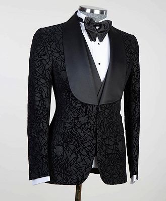Darren Newest Black Three Pieces Shawl Lapel Jacquard Men Suits_3