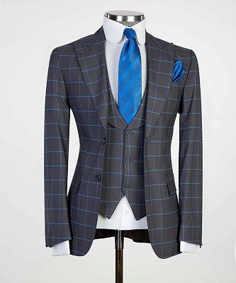 Graeme Navy Fashion Plaid Three Pieces Peaked Lapel Bespoke Men Suits_4