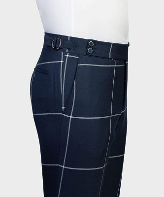 Gregory Navy Blue Plaid Peaked Lapel Three Pieces Business Suits_6