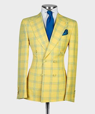 Kay Chic Yellow Plaid Double Breasted Peaked Lapel Men Suits_3