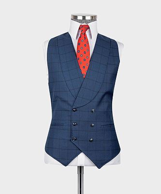 Hank Fashion Dark Blue Plaid Splicing Three Pieces Peaked Lapel Men Suits