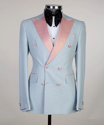 Joshua Sparkly Sky Blue Double Breasted Men Suits With Pink Peaked Lapel_3
