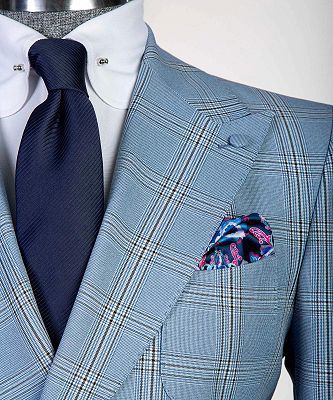 Carl Bespoke Blue Plaid Peaked Lapel Double Breasted Men Suits