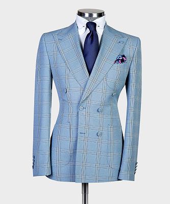 Carl Bespoke Blue Plaid Peaked Lapel Double Breasted Men Suits_3