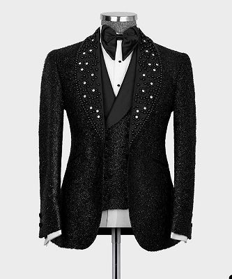 Jonh Shiny Black Beading Shawl Lapel Three Pieces Chic Prom Men Suits_3