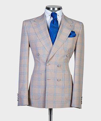 Yan Apricot Plaid Peaked Lapel Double Breasted Close Fitting Men Suits_3