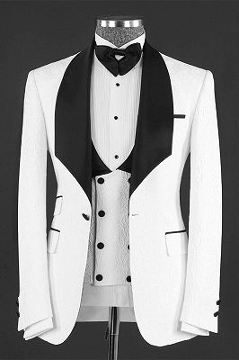 Herman Chic White Jacquard Three Pieces Shawl Lapel Wedding Suits_1