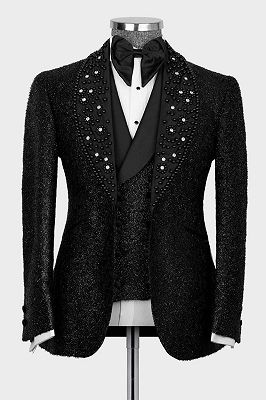 Jonh Shiny Black Beading Shawl Lapel Three Pieces Chic Prom Men Suits