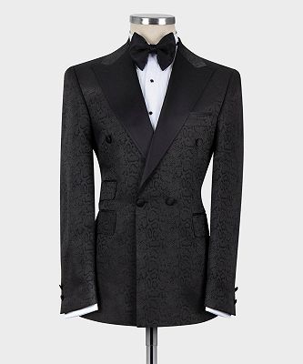 Daivd Black Jacquard Peaked Lapel Double Breasted Men Suits_3