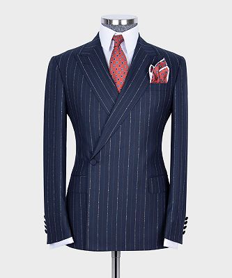 Hugo Stylish Navy Two Pieces Striped Peaked Laple One Button Men Suits_4