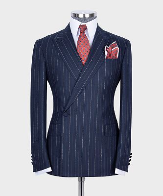 Hugo Stylish Navy Two Pieces Striped Peaked Laple One Button Men Suits_4