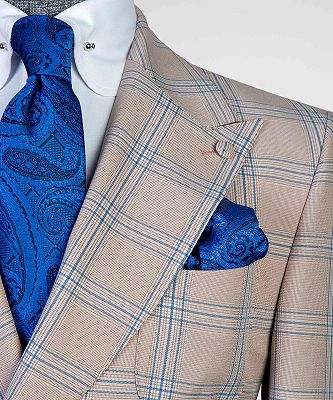 Yan Apricot Plaid Peaked Lapel Double Breasted Close Fitting Men Suits