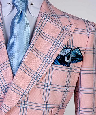 Lou Pink Double Breasted Plaid Stylish Peaked Lapel Men Suits
