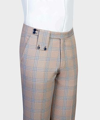 Yan Apricot Plaid Peaked Lapel Double Breasted Close Fitting Men Suits_4