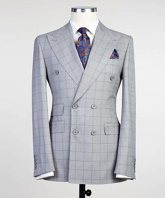Albert Light Grey Modern Plaid Double Breasted Peaked Lapel Men Suits_3