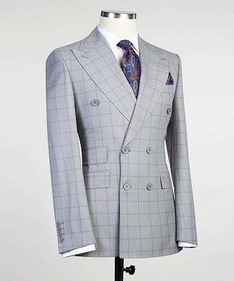 Albert Light Grey Modern Plaid Double Breasted Peaked Lapel Men Suits